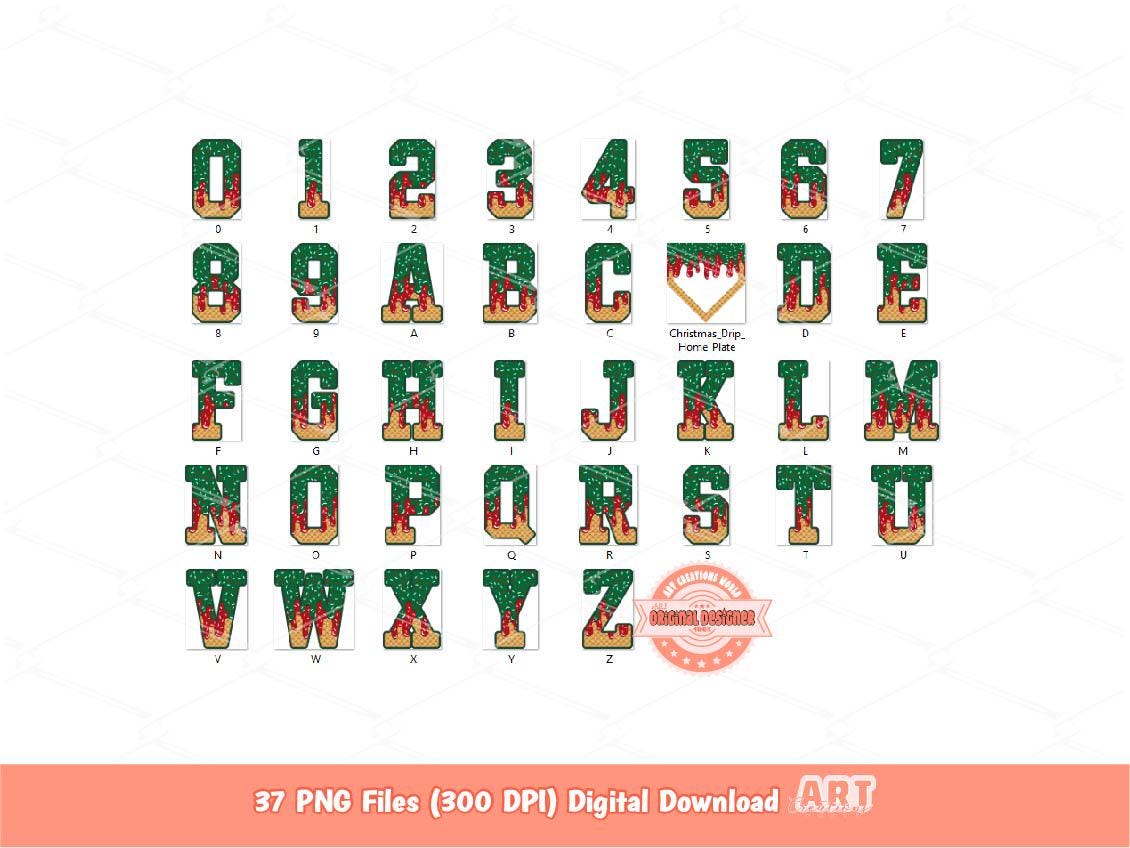 Drippy Varsity Christmas Alphabet PNG Bundle: Red & Green Letters Numbers and Home Plate Clipart (Digital Download)