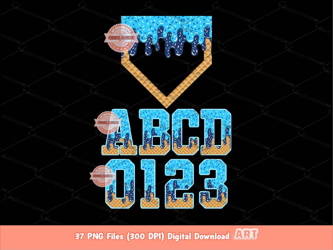 Baseball Drip Alphabet PNG Bundle, Blue & Navy Drippy Sports Letters, Numbers Home Plate Clipart
