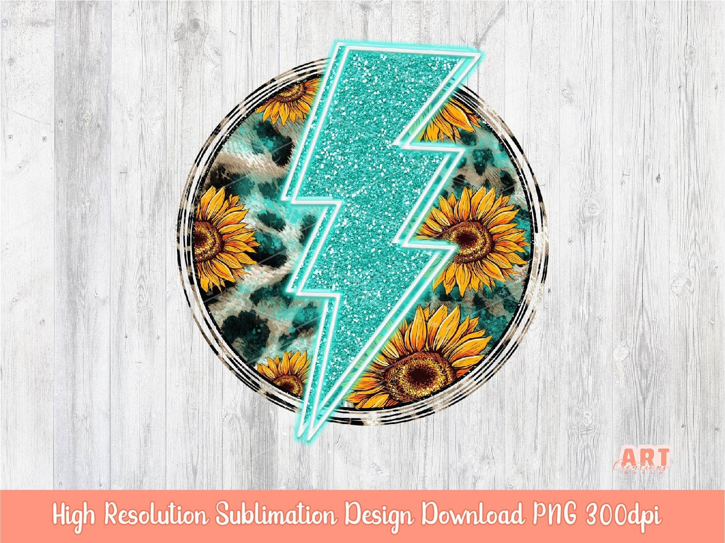 Teal Lightning Bolt PNG, Leopard Sunflower Sublimation, Turquoise Glitter Background, Trendy Western Shirt Design