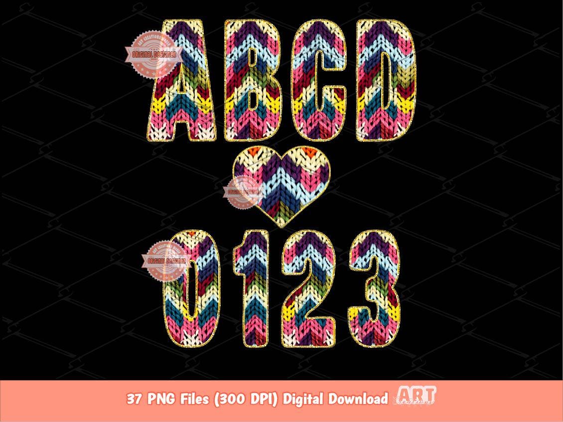 Faux Yarn Alphabet PNG: Colorful Chevron Crochet Letters & Numbers Clipart (Digital Download)