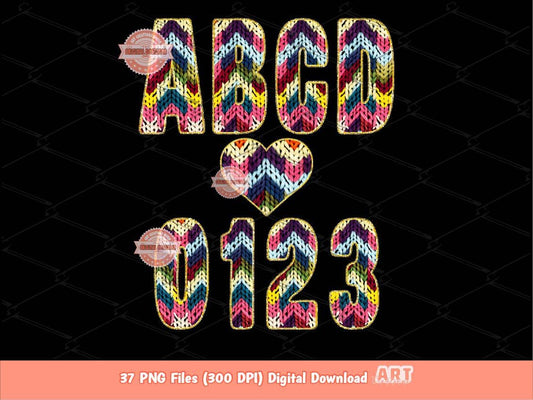 Faux Yarn Alphabet PNG: Colorful Chevron Crochet Letters & Numbers Clipart (Digital Download)
