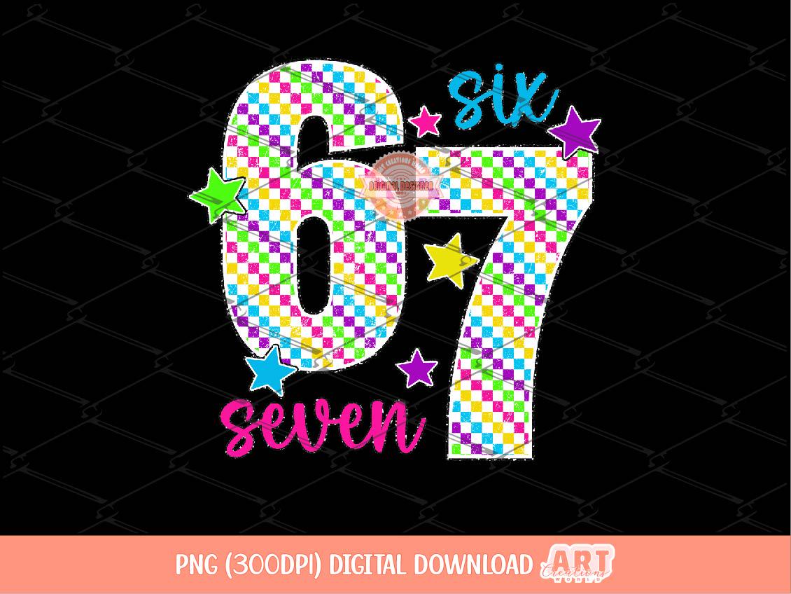 Six Seven PNG, Funny Meme 6 7 Bright Checkered Sublimation Shirt Design Digital Download