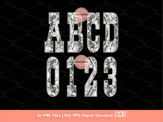 Gray Forest Camo Alphabet PNG: Hunting Military Western Letters & Numbers Clipart (Digital Download)