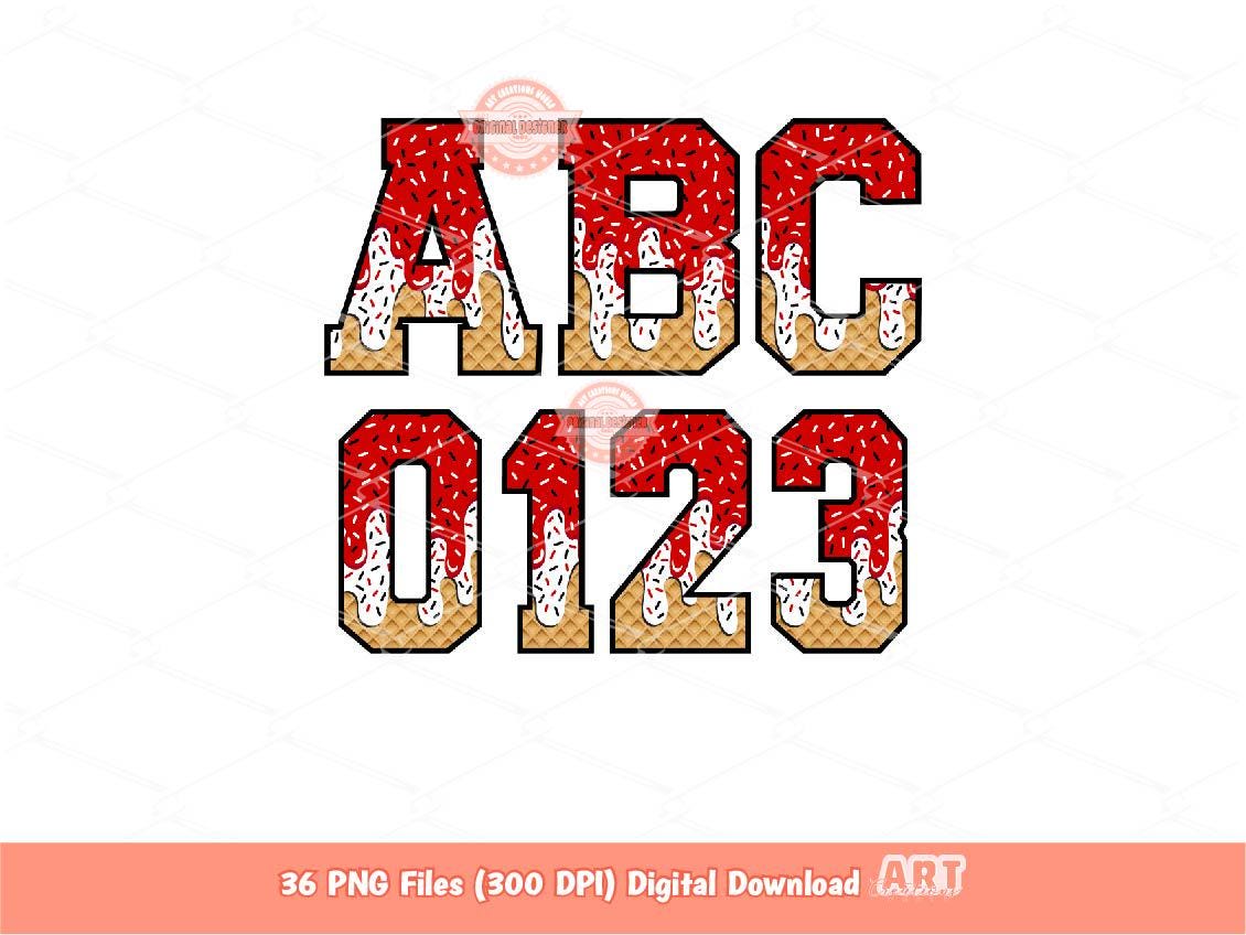 Drippy Red and White Alphabet PNG: Ice Cream Varsity Letters & Numbers Clipart (Digital Download)