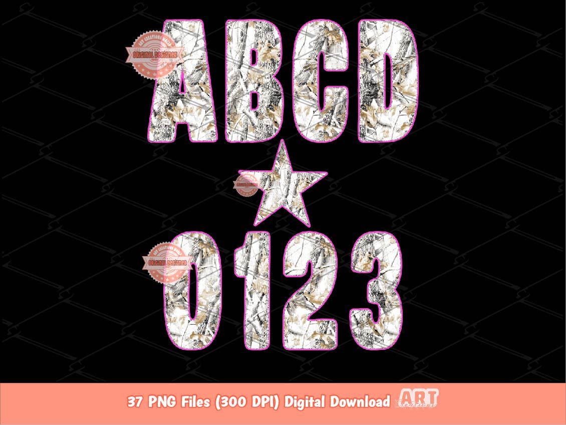 Winter Camo Alphabet PNG, Pink & Gray Hunting Letters and Numbers Clipart (Digital Download)