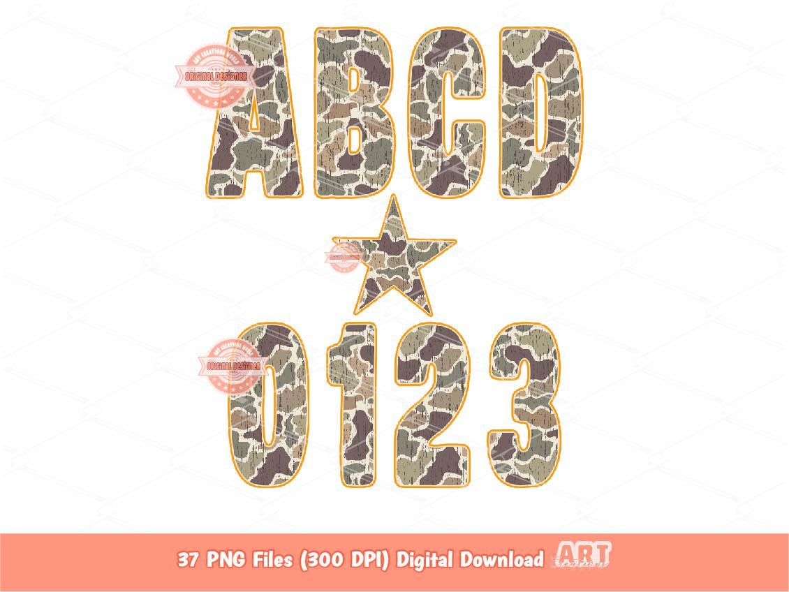 Grunge Camo Alpha PNG, Hunting Army Letters & Numbers Orange Outline Clipart (Digital Download)