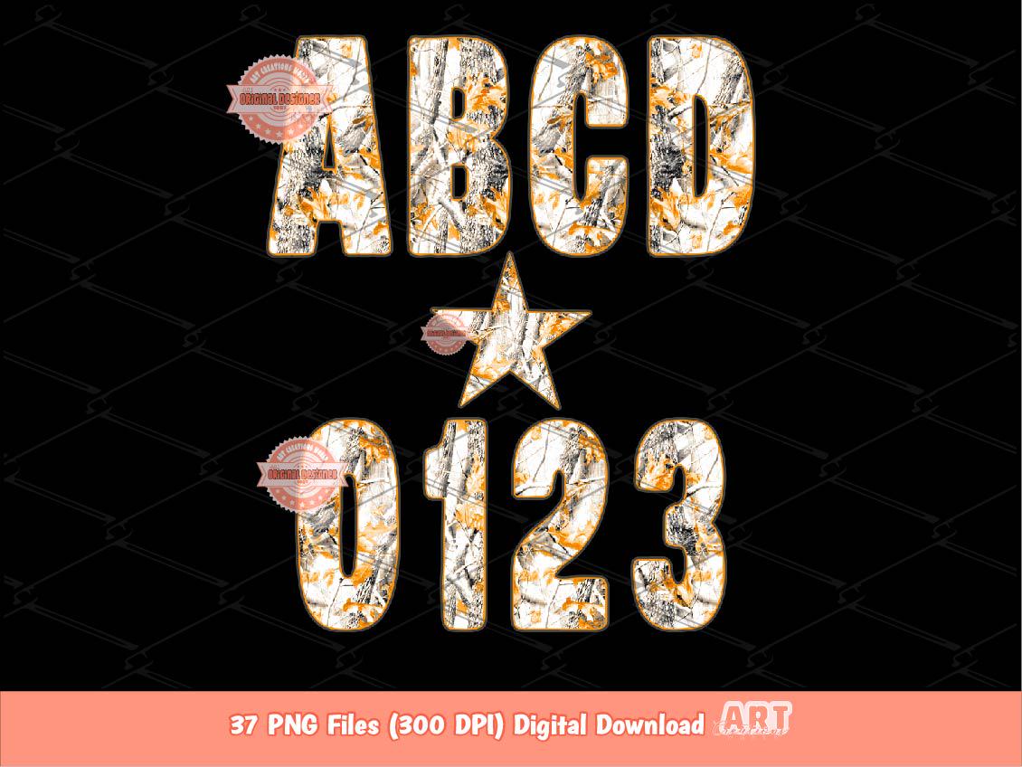 Fall Forest Camo Alphabet PNG: Gray Orange Hunting Army Letters & Numbers Clipart (Digital Download)
