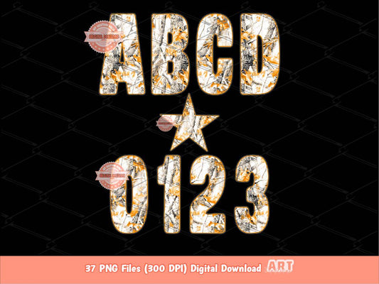 Fall Forest Camo Alphabet PNG: Gray Orange Hunting Army Letters & Numbers Clipart (Digital Download)