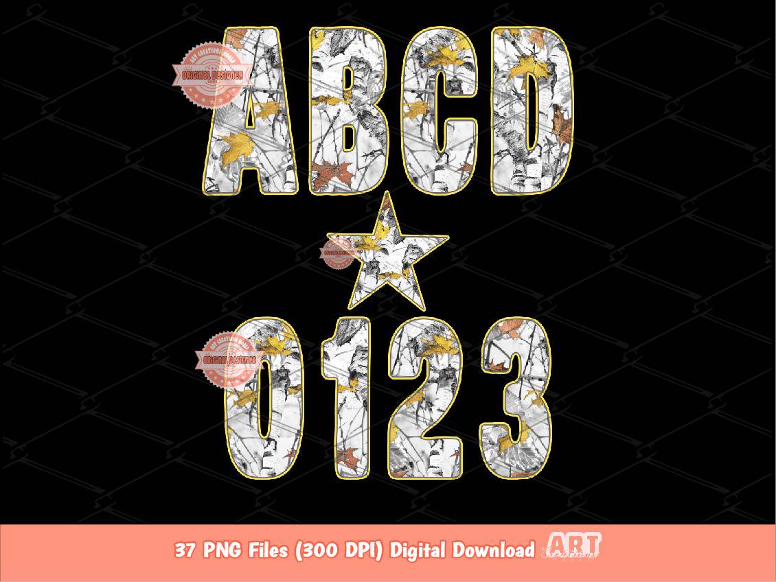 Winter Forest Camo Alpha PNG, Gray Yellow Hunting Army Letters & Numbers Clipart (Digital Download)