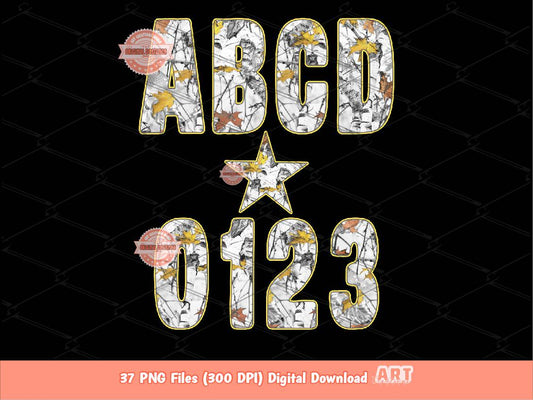 Winter Forest Camo Alpha PNG, Gray Yellow Hunting Army Letters & Numbers Clipart (Digital Download)