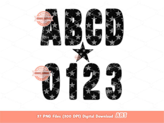 Checkered Star Alphabet PNG, Grunge Checker Letters & Numbers Clipart (Digital Download)