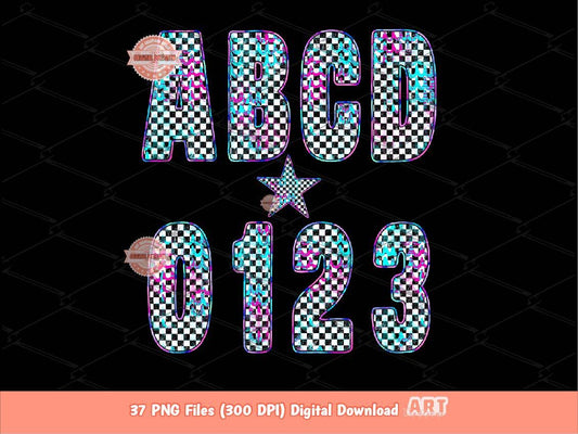 Bright Checkered Alphabet PNG, Grunge Checker Letters & Numbers Clipart (Digital Download)