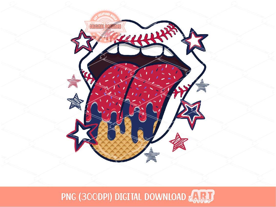 Patriotic Baseball Drip PNG, Red white Blue Tongue 4th of July Sublimation Shirt Design