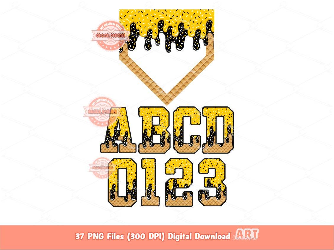 Drippy Sports Alphabet PNG Bundle, Drip Gold & Black Ice Cream Baseball Letters, numbers Clipart