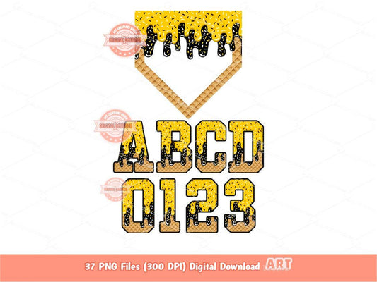 Drippy Sports Alphabet PNG Bundle, Drip Gold & Black Ice Cream Baseball Letters, numbers Clipart