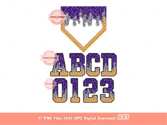 Drippy Purple & Grey Baseball Alphabet Home Plate PNG Bundle: Sports Letters Clipart (Digital Download)