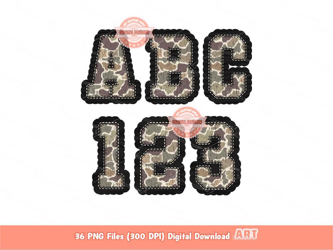 Grunge Camo Alphabet PNG: Stitched Military Letters & Numbers Clipart (Digital Download)