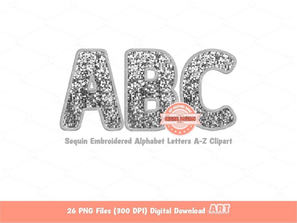 Silver Sequin Letters PNG, Faux Embroidery Alphabet Clipart (Digital Download)