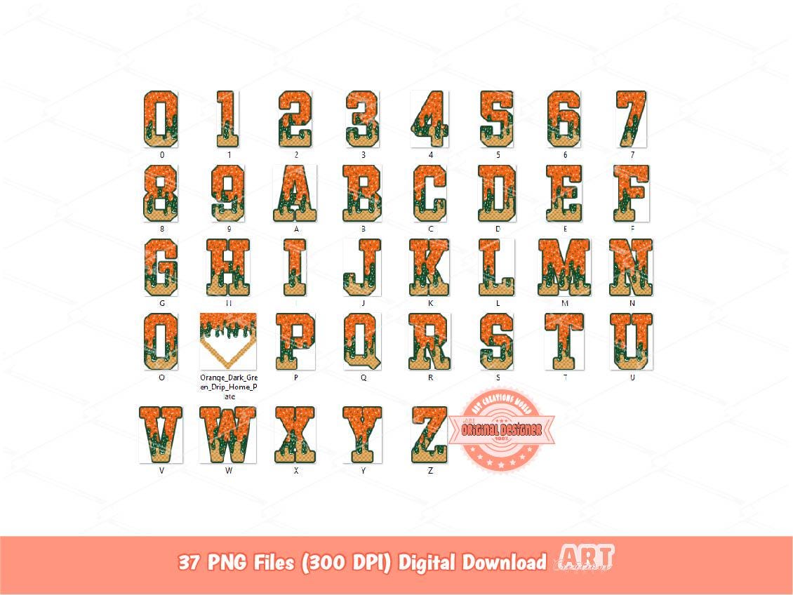 Drippy Sports Alphabet PNG Orange & Green Letters Numbers Clipart (Digital Download)
