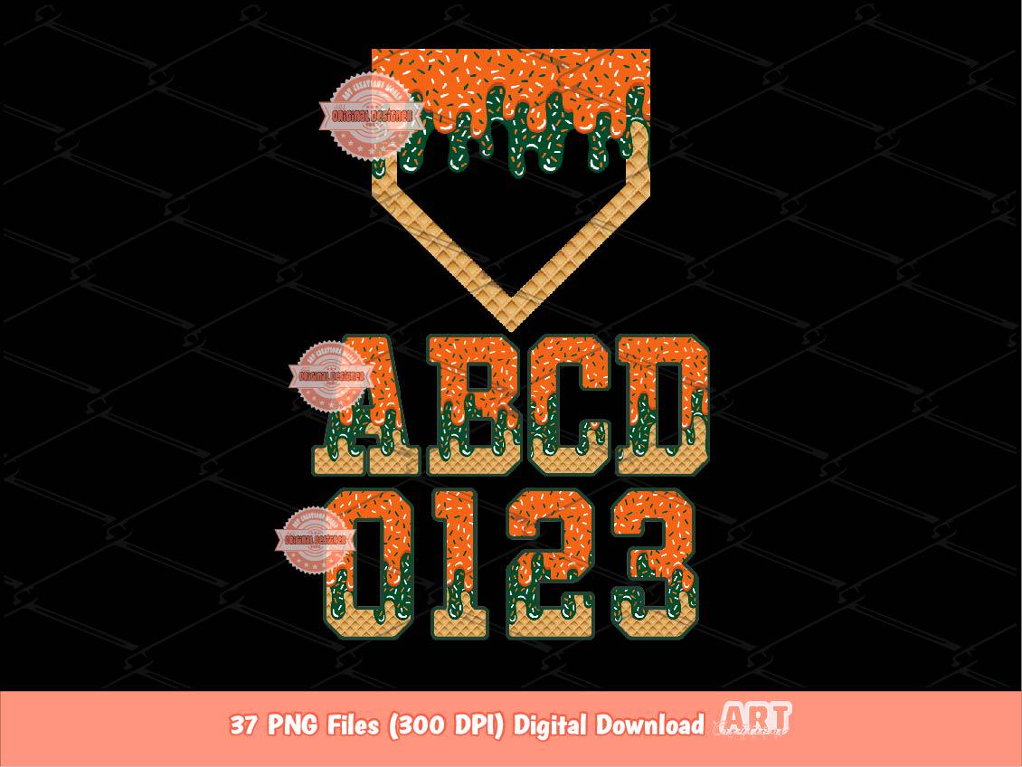 Drippy Sports Alphabet PNG, Orange Green Letters & Numbers Baseball Home Plate Clipart