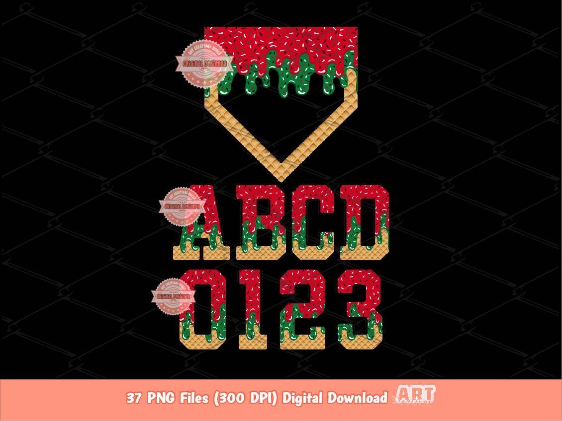 Drippy Christmas Varsity Alphabet PNG Bundle: Drip Red and Green Letters, Numbers & Home Plate Sports Clipart