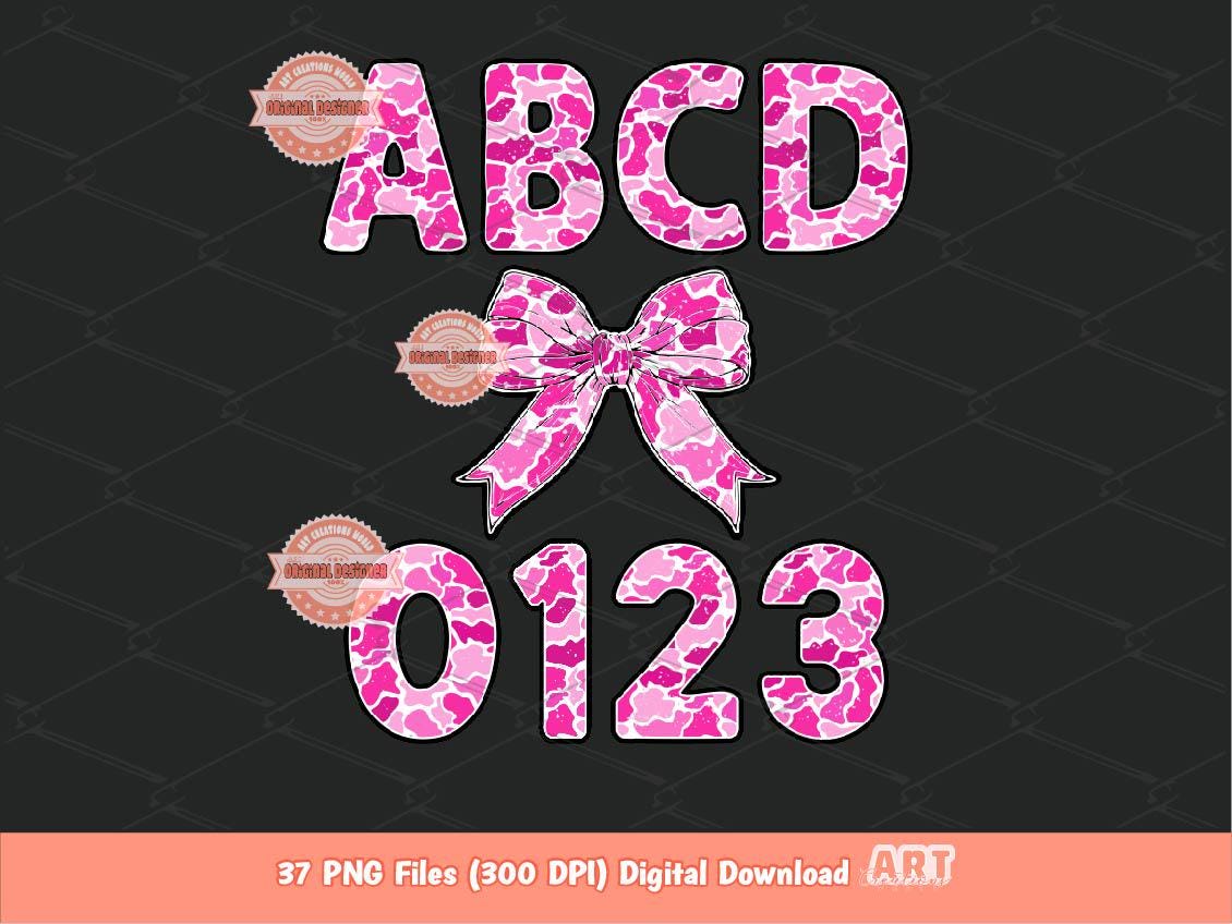 Pink Camo Alphabet PNG, Distressed Letters, Numbers, Coquette Bow Clipart