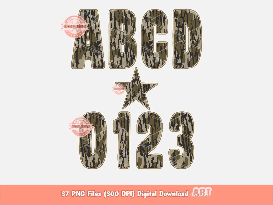 Bottomland Camo Alphabet PNG, Hunting Army Letters & Numbers Clipart (Digital Download)
