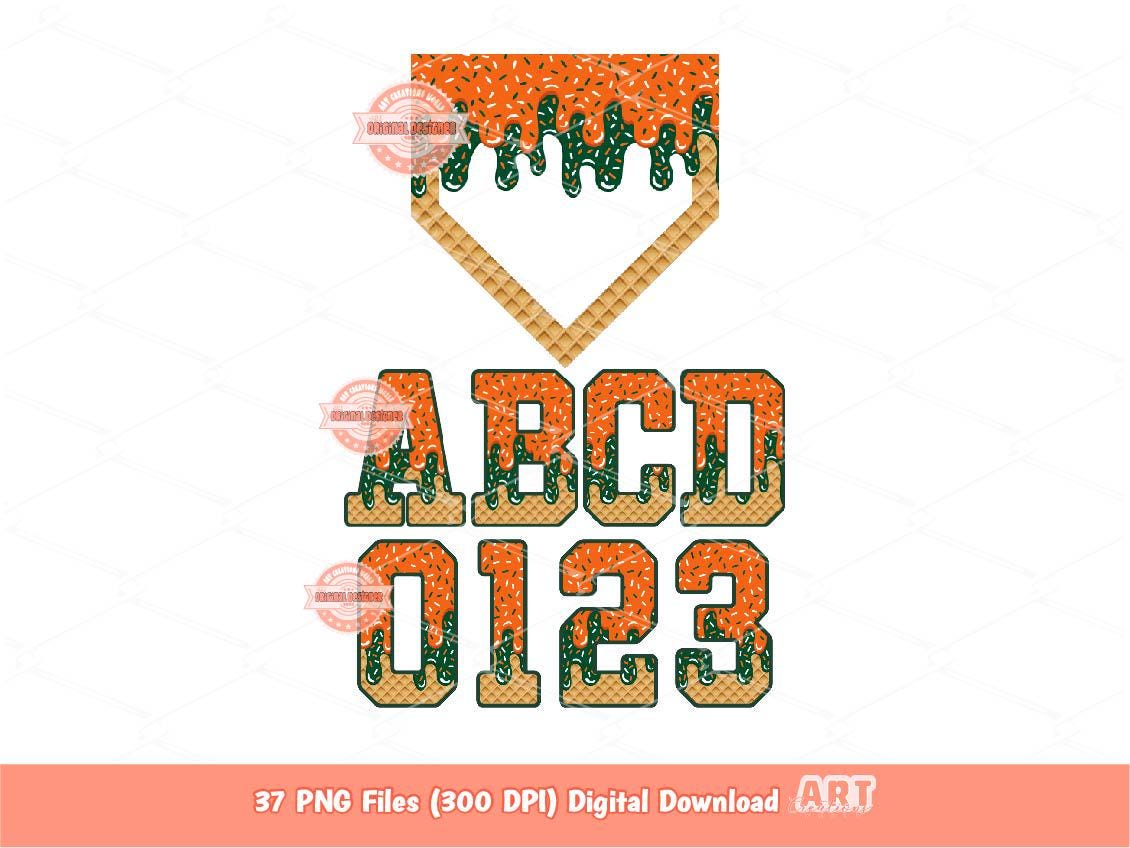 Drippy Sports Alphabet PNG Orange & Green Letters Numbers Clipart (Digital Download)