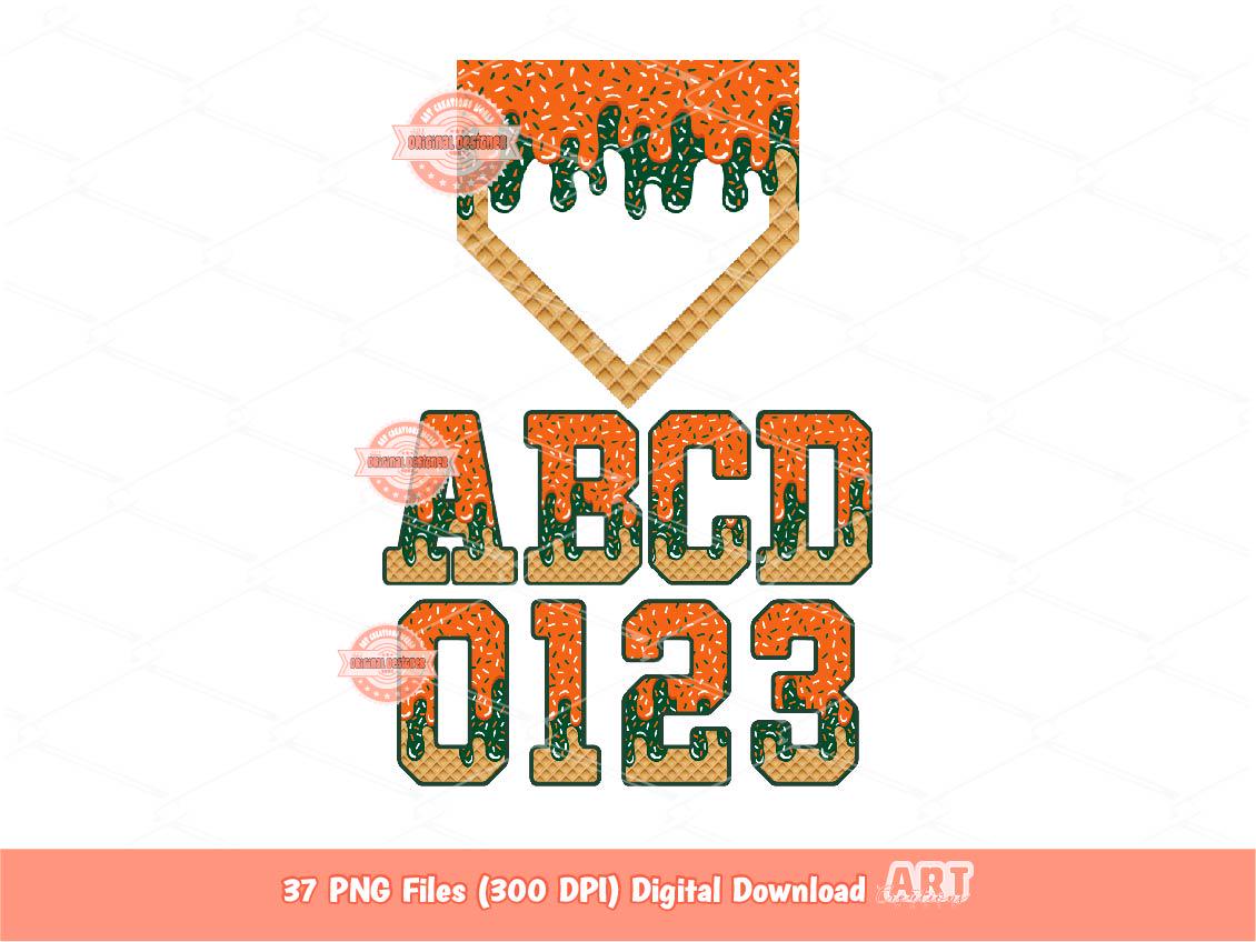 Drippy Sports Alphabet PNG, Orange Green Letters & Numbers Baseball Home Plate Clipart