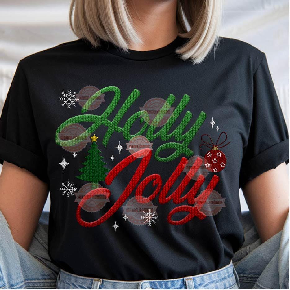 Holly Jolly PNG, Faux Yarn Christmas Sublimation Shirt Design (Digital Download)