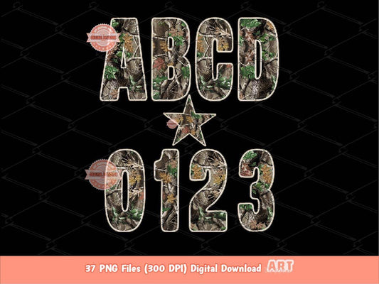 Forest Camo Alphabet PNG: Hunting Army Letters & Numbers Clipart (Digital Download)