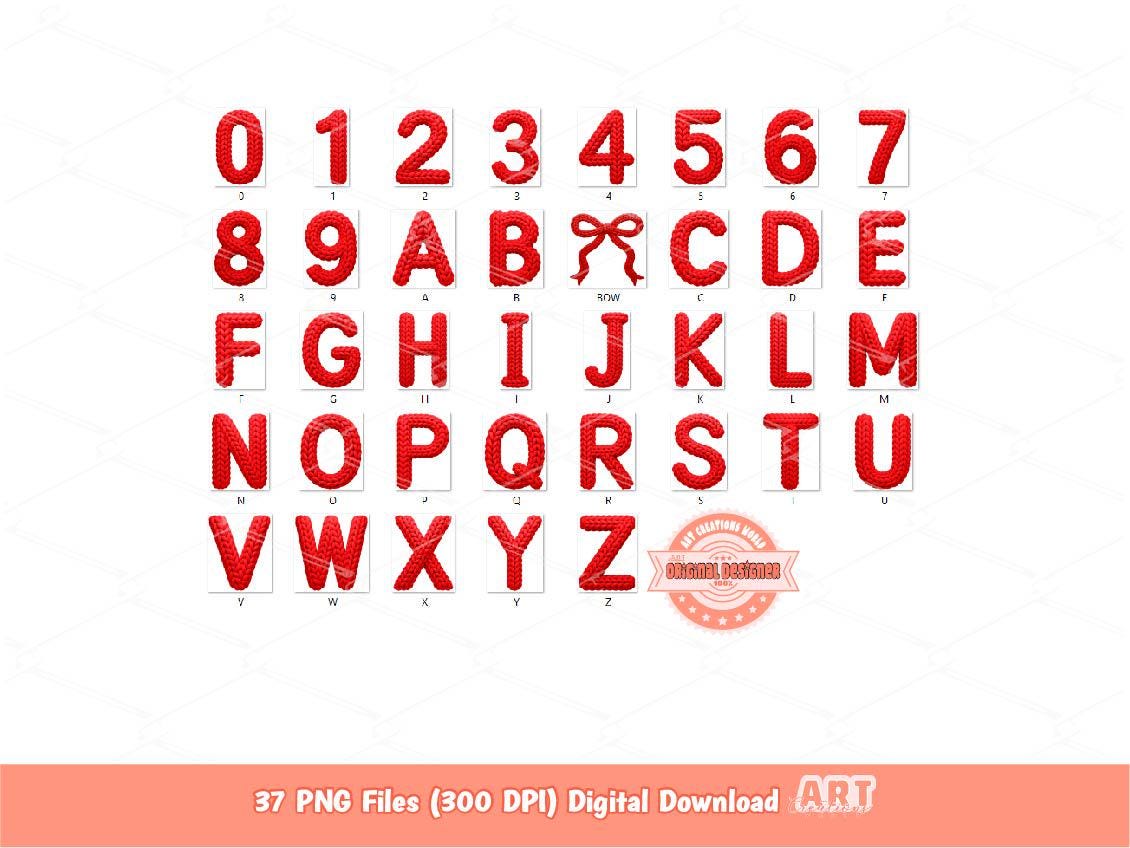 Red Faux Yarn Alphabet PNG, Coquette Crochet Knitted Letters & Numbers Clipart (Digital Download)