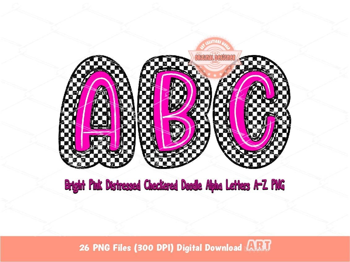 Pink Checkered Doodle Letters PNG, Bright Alphabet Clipart