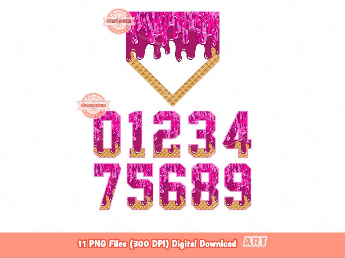 Pink Drip Camo Baseball Home Plate And Numbers PNG Bundle, Drippy Sports Numbers Clipart