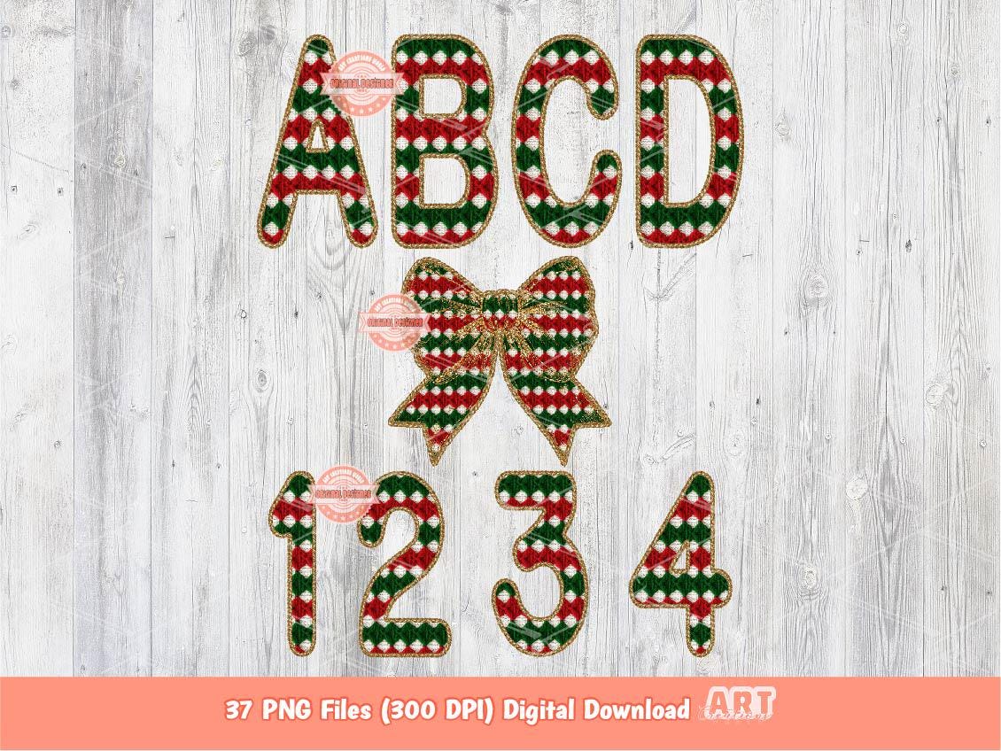 Faux Yarn Christmas Alphabet PNG, Red Green Knitted Letters & Numbers Clipart (Digital Download)