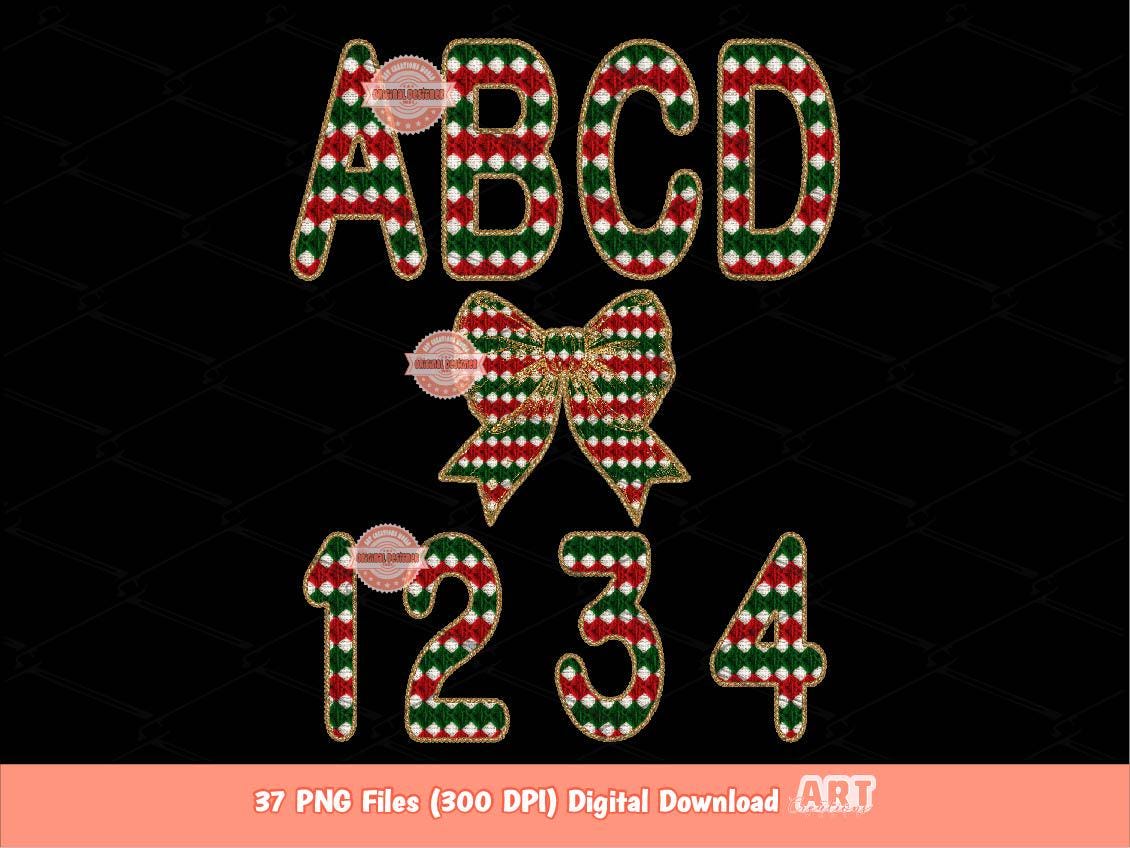 Faux Yarn Christmas Alphabet PNG, Red Green Knitted Letters & Numbers Clipart (Digital Download)