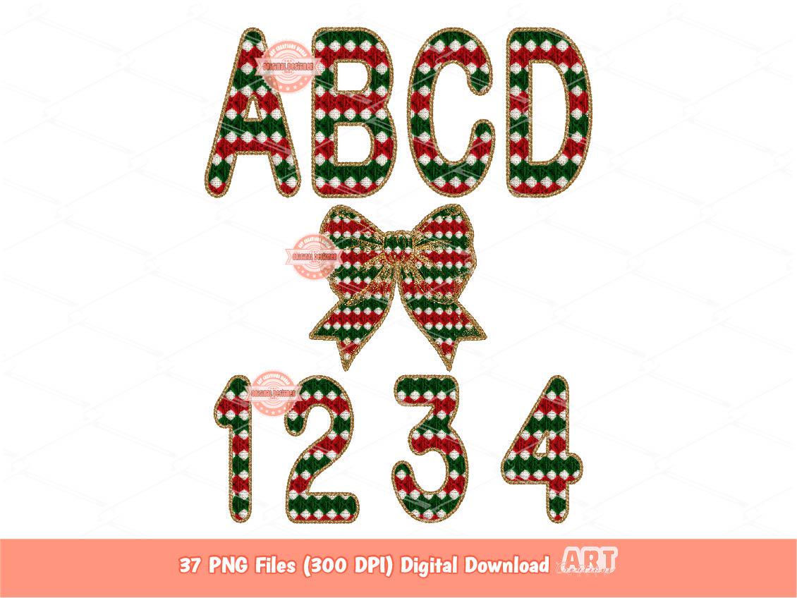 Faux Yarn Christmas Alphabet PNG, Red Green Knitted Letters & Numbers Clipart (Digital Download)
