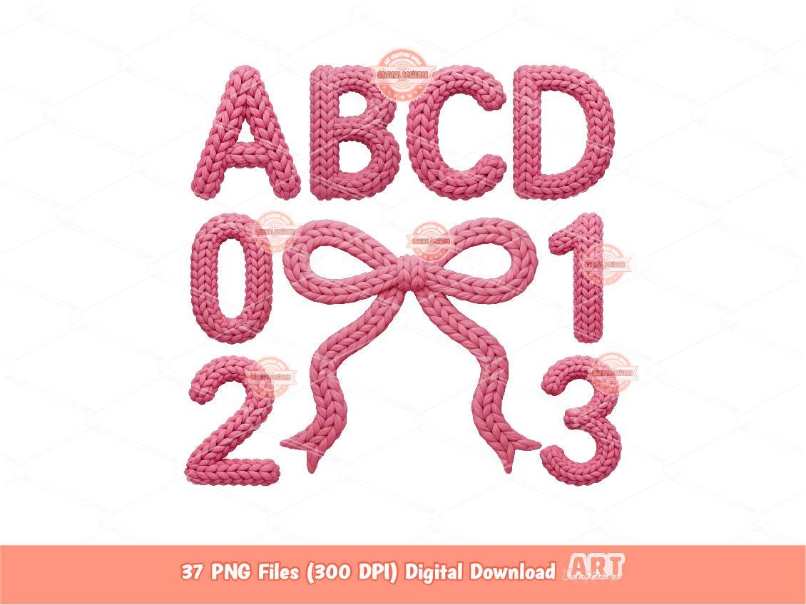 Faux Yarn Pink Alphabet PNG, Coquette Crochet Letters & Numbers Clipart (Digital Download)
