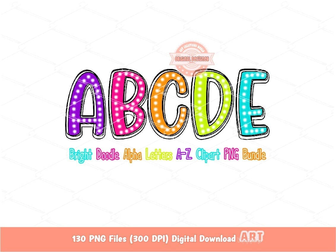 Neon Doodle Letters PNG Bundle, Bright Colorful Hand Drawn Alpha set Clipart