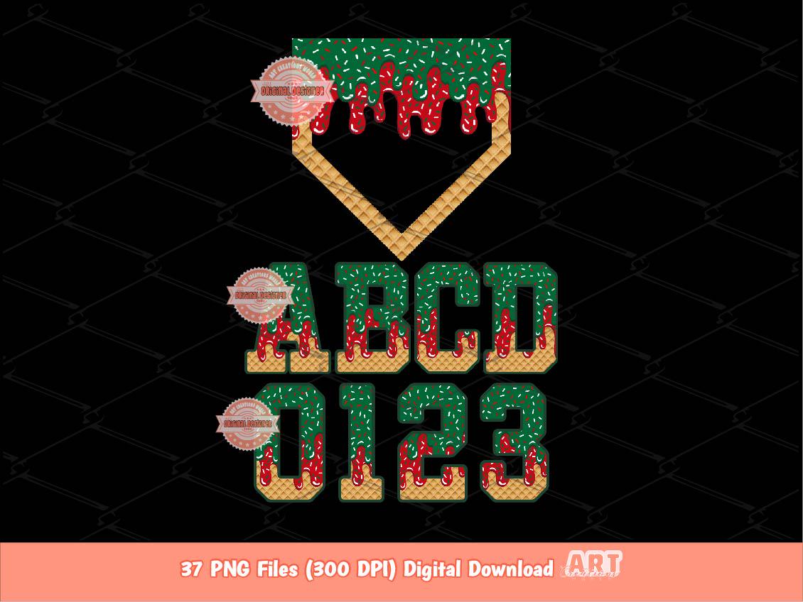 Drippy Varsity Christmas Alphabet PNG Bundle: Red & Green Letters Numbers and Home Plate Clipart (Digital Download)
