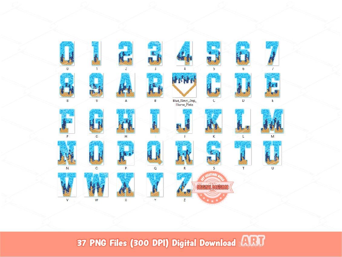 Blue Navy Drippy Varsity Alphabet PNG Bundle: Drip Sports Letters, Numbers and Home Plate Clipart (Digital Download)