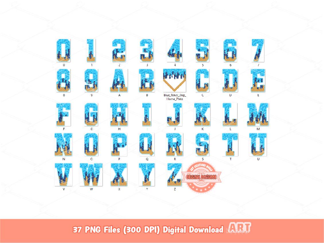 Baseball Drip Alphabet PNG Bundle, Blue & Navy Drippy Sports Letters, Numbers Home Plate Clipart