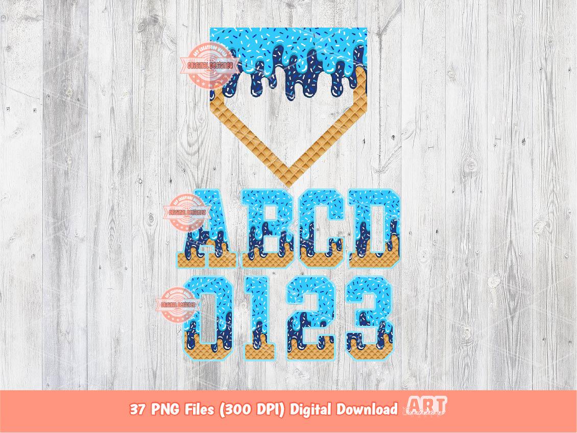 Baseball Drip Alphabet PNG Bundle, Blue & Navy Drippy Sports Letters, Numbers Home Plate Clipart