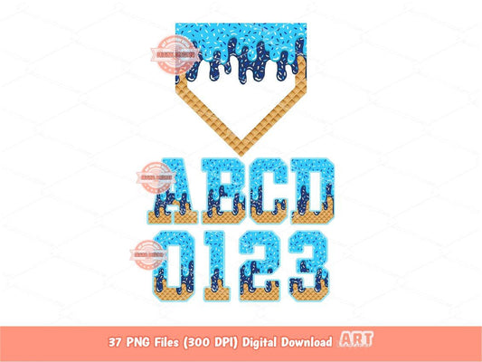 Blue Navy Drippy Varsity Alphabet PNG Bundle: Drip Sports Letters, Numbers and Home Plate Clipart (Digital Download)