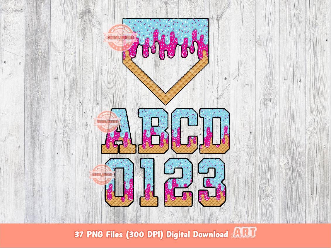 Drip Ice Cream Alphabet Home Plate PNG Bundle: Drippy Sports Letters & Numbers Clipart