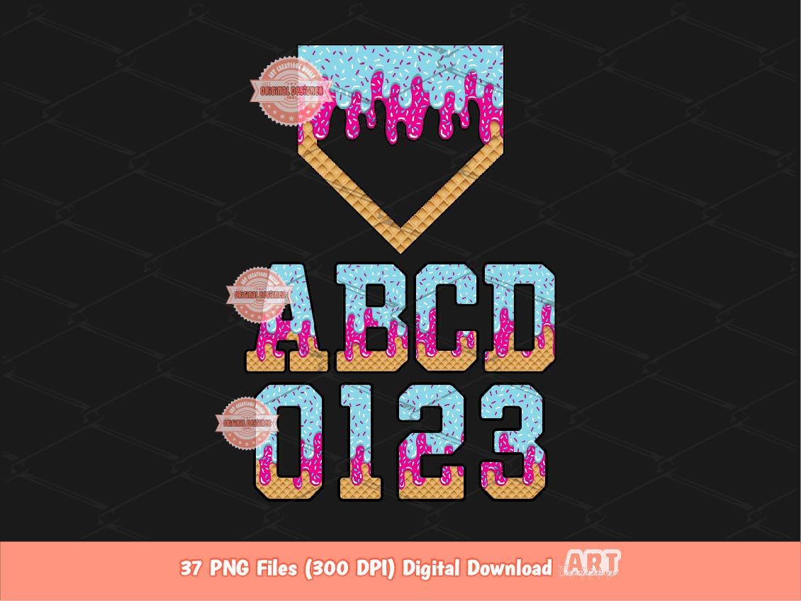 Drip Ice Cream Alphabet Home Plate PNG Bundle: Drippy Sports Letters & Numbers Clipart