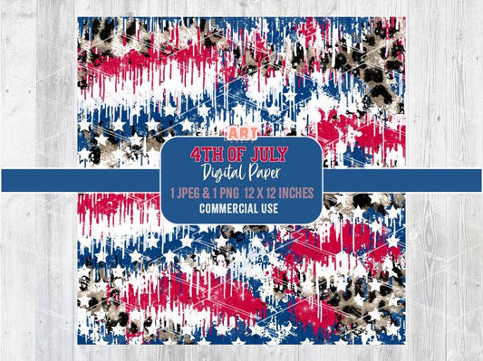 Dripping 4th of July Leopard Digital Paper, Red Navy white Stars Patriotic Texture JPEG