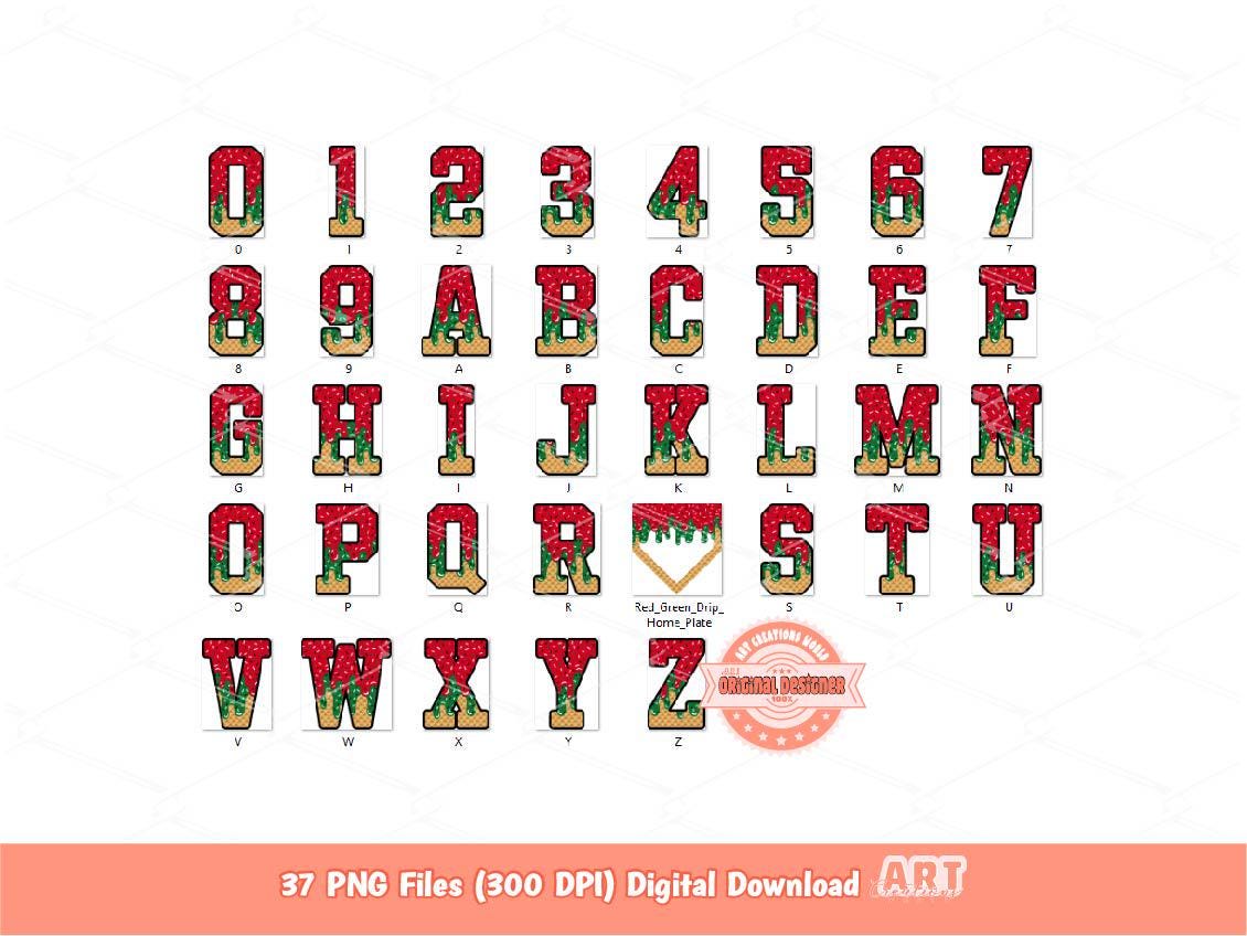 Drippy Christmas Varsity Alphabet PNG Bundle: Drip Red and Green Letters, Numbers & Home Plate Sports Clipart