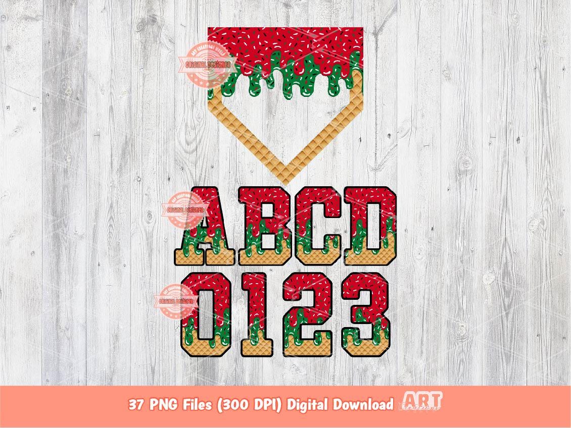 Drippy Christmas Varsity Alphabet PNG Bundle: Drip Red and Green Letters, Numbers & Home Plate Sports Clipart
