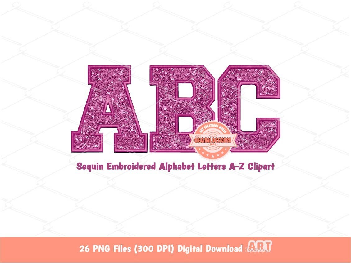 Pink Magenta Sequin Varsity Alphabet PNG, Faux Embroidery Letters Clipart